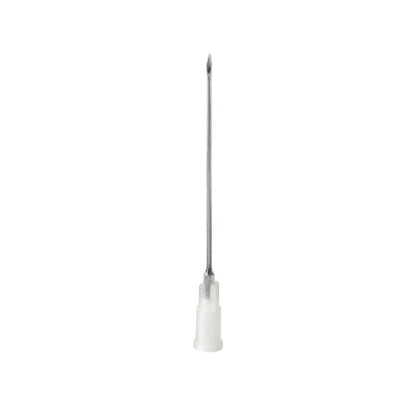 The B. Braun Sterican® Cannula Intramuscular - 100 pieces, manufactured by B. Braun Deutschland GmbH & Co. KG, is a high-quality medical syringe needle made of chrome-nickel steel with a sharp metal tip and a transparent plastic base, elegantly presented against a simple white background.