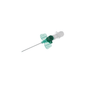 A close-up of the B. Braun Vasofix® Braunüle® intravenous cannula, manufactured by B. Braun Deutschland GmbH & Co. KG, highlights its precise design with a butterfly needle and plastic wings. The needle attached to a transparent tube features a green hub and perforated wings for easy handling during the procedure, enhancing its efficiency in medical applications.