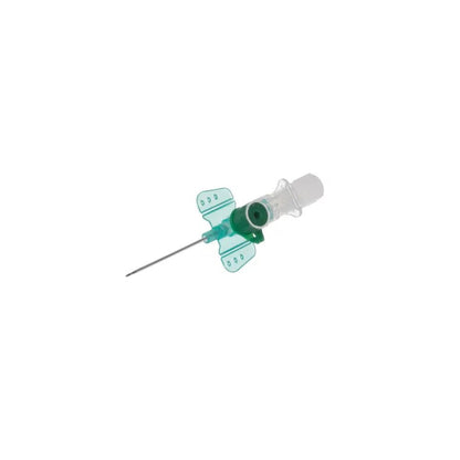 The close-up image shows a B. Braun Vasofix® Braunüle® intravenous cannula in green with a transparent housing, equipped with a needle. Its design includes wing-like tabs near the base for easy handling and secure attachment. The FEP catheter is isolated against a white background, highlighting its precision and utility.