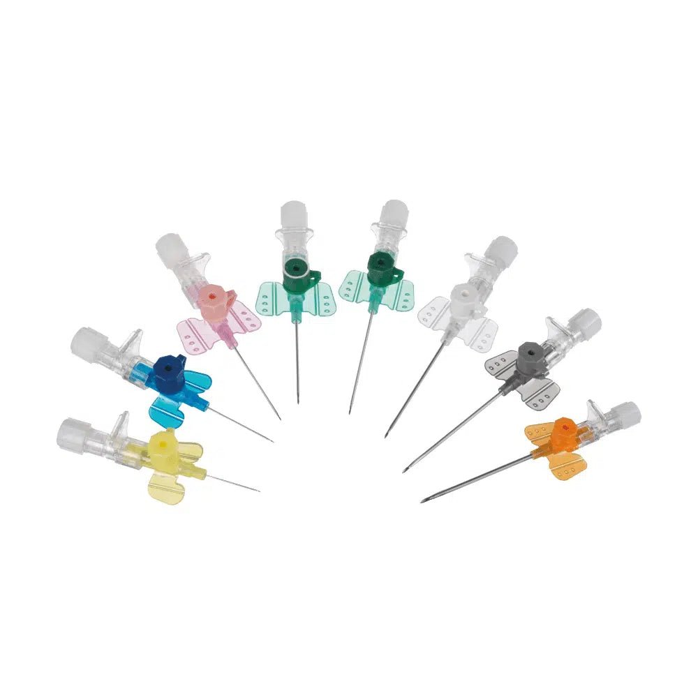 A semicircular display shows eight B. Braun Vasofix® Braunüle® intravenous cannulas from B. Braun Deutschland GmbH & Co. KG, each in unique colors like pink, green, black, yellow, and others, against a pristine white background with butterfly wing accents.