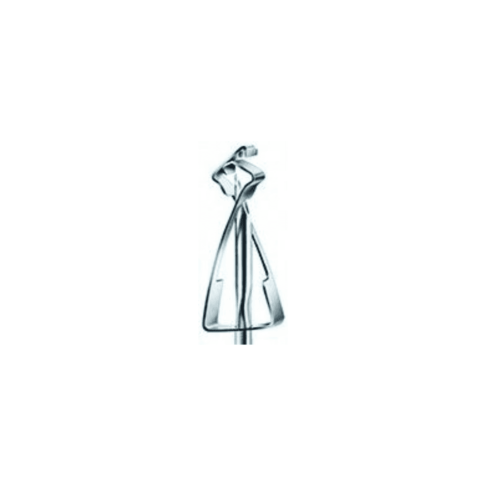 Against a plain white background, a kitchen mixer with a triangular metal frame and curved rods is presented, ideal for mixing or blending ingredients. Its precision engineering is reminiscent of the B. Braun Vasofix® Safety PUR Braunüle® IV cannulas from B. Braun Germany GmbH & Co. KG, ensuring seamless culinary integration.