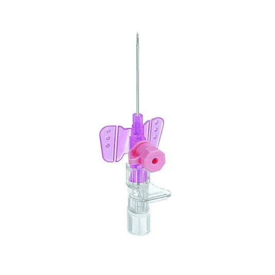 The B. Braun Vasofix® Safety PUR Braunüle® Indwelling Venous Catheters, manufactured by B. Braun Deutschland GmbH & Co. KG manufactures a medical device for intravenous access during procedures. The devices feature a purple wing design with a sharp metal tip and a transparent plastic body, complete with a protective cap and flexible wings for improved stability during insertion, and can be seamlessly integrated into a Luer-Lock system.