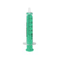 A B. Braun Injekt® Luer Solo disposable syringe with Luer fitting, eccentric syringe from B. Braun Deutschland GmbH & Co. KG, with a translucent green design with clearly marked measurements from 1 to 5 milliliters, a flat plunger, and an eccentric Luer fitting conical tip. The syringe is needle-free and is displayed against a plain white background.