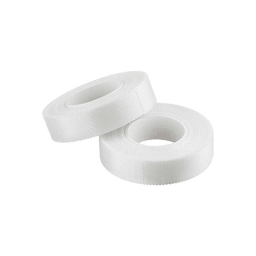 Two rolls of B.Braun ASKINA Silk adhesive plaster with dimensions 2.5 cm x 5 m are stacked on a white background. Manufactured by B. Braun Deutschland GmbH & Co. KG, these skin-friendly tapes offer secure adhesion for medical or general use. Each roll features a central cardboard core that ensures easy application and reliable performance.