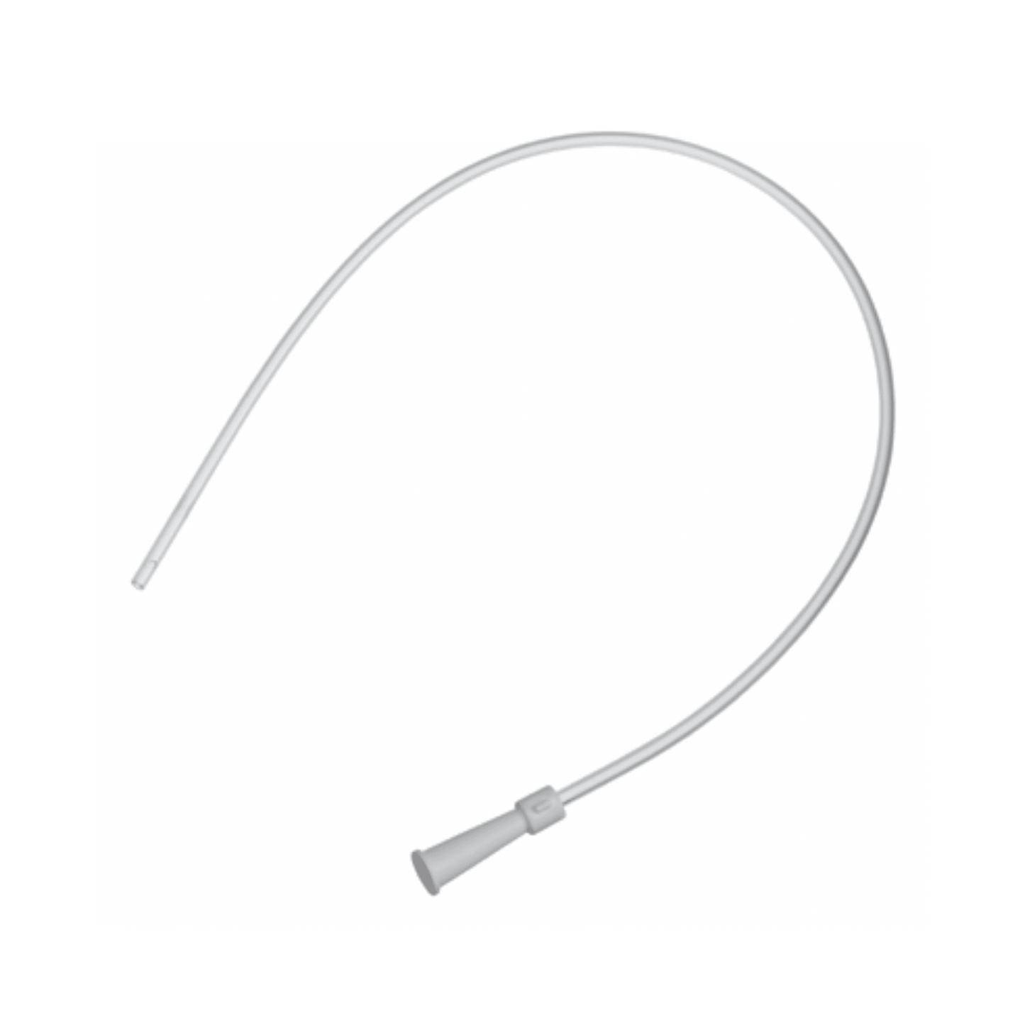 An image of the B. Braun suction catheter type Ideal with a straight tip and color-coded funnel adapters. The flexible, white medical tube is coiled in a semicircle, highlighting its excellent gliding properties against the plain white background.
