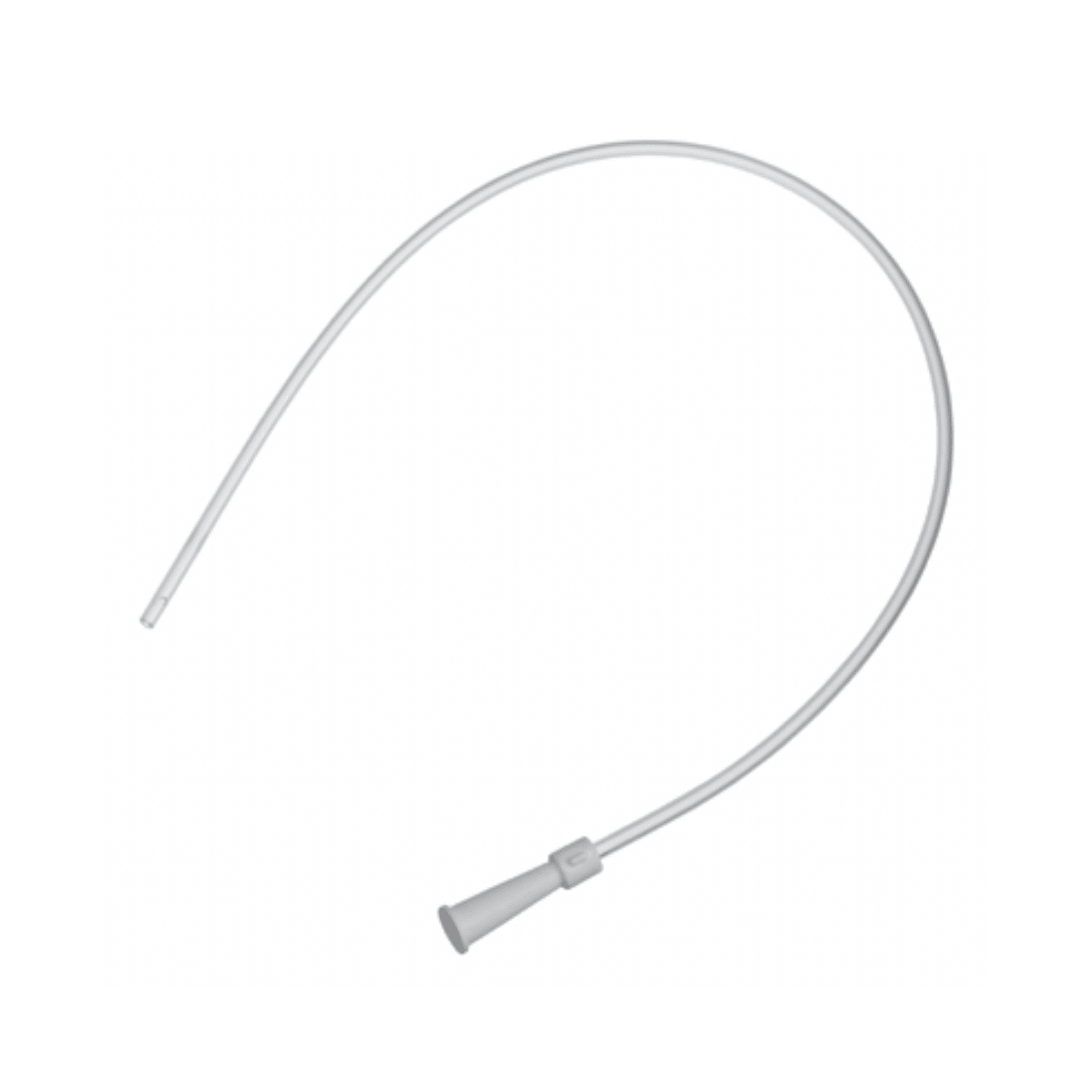 An image of the B. Braun suction catheter type Ideal with a straight tip and color-coded funnel adapters. The flexible, white medical tube is coiled in a semicircle, highlighting its excellent gliding properties against the plain white background.