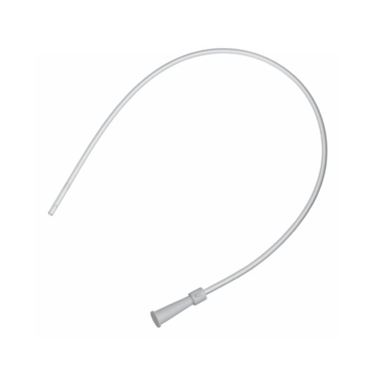 An image of the B. Braun suction catheter type Ideal with a straight tip and color-coded funnel adapters. The flexible, white medical tube is coiled in a semicircle, highlighting its excellent gliding properties against the plain white background.