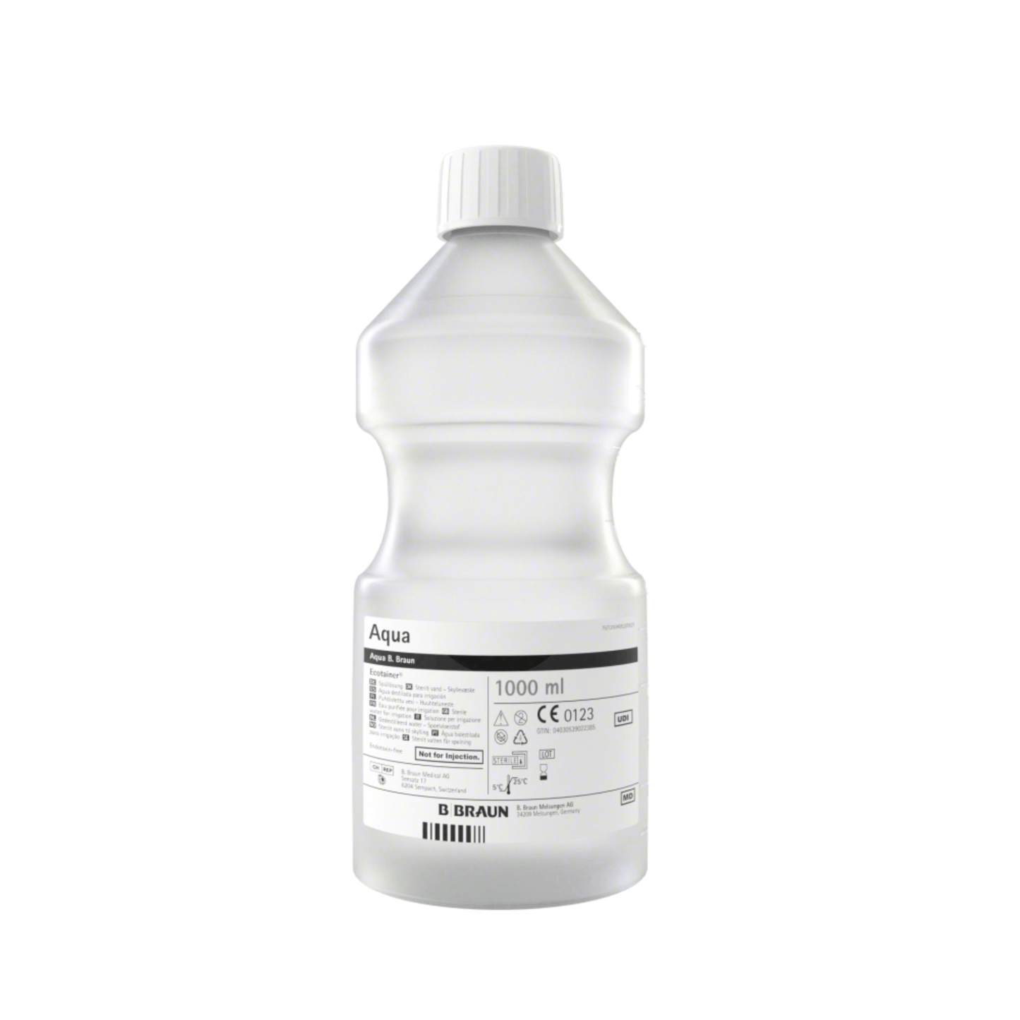 The B. Braun Aqua Ecotainer® Topical Rinse, a transparent plastic bottle with a capacity of 1000 ml, is made from eco-friendly polypropylene. It features a white cap and is labeled with various symbols and texts, including the B. Braun branding and instructions for using the topical rinse.