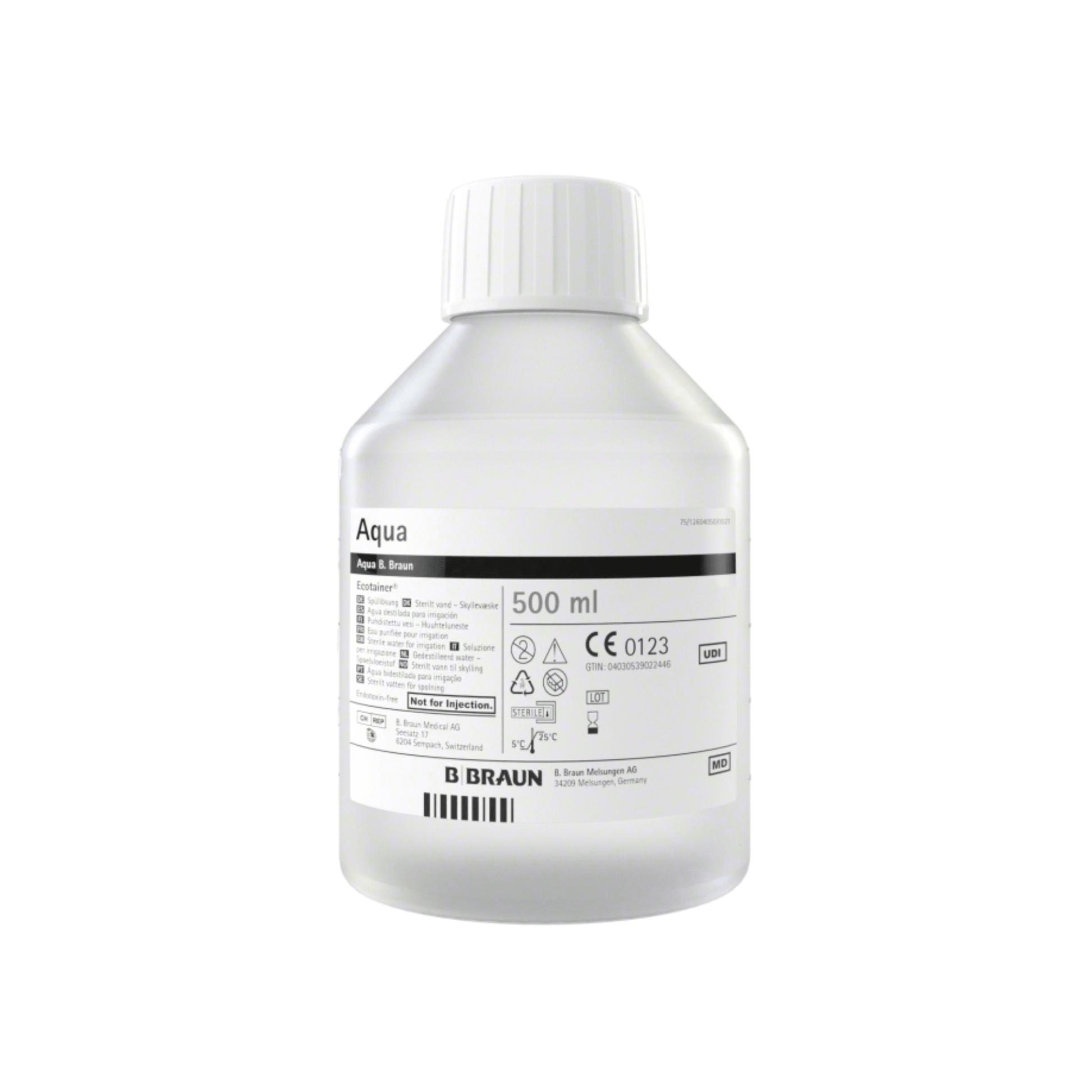 A 500 ml Ecotainer bottle labeled “B. Braun Aqua Ecotainer® Topical Rinse” from B. Braun Deutschland GmbH & Co. KG with a white cap. The label contains text and symbols likely to include product information and certifications. The clear bottle made of eco-friendly polypropylene presents a transparent liquid inside.