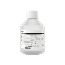 A 500 ml Ecotainer bottle labeled “B. Braun Aqua Ecotainer® Topical Rinse” from B. Braun Deutschland GmbH & Co. KG with a white cap. The label contains text and symbols likely to include product information and certifications. The clear bottle made of eco-friendly polypropylene presents a transparent liquid inside.