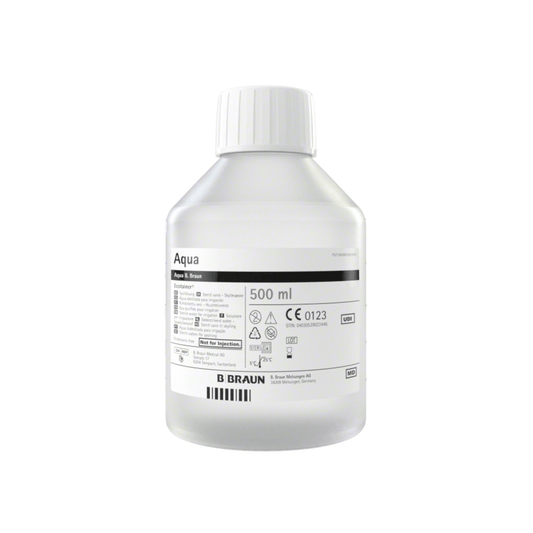 A 500 ml Ecotainer bottle labeled “B. Braun Aqua Ecotainer® Topical Rinse” from B. Braun Deutschland GmbH & Co. KG with a white cap. The label contains text and symbols likely to include product information and certifications. The clear bottle made of eco-friendly polypropylene presents a transparent liquid inside.