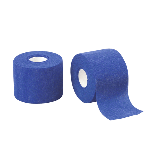 Two rolls of B. Braun Askina® Haft color fixation bandage, blue, from B. Braun Deutschland GmbH & Co. KG, are displayed. One roll is upright with a piece of tape unrolled, while the other roll is lying on its side. Both have a white inner core.