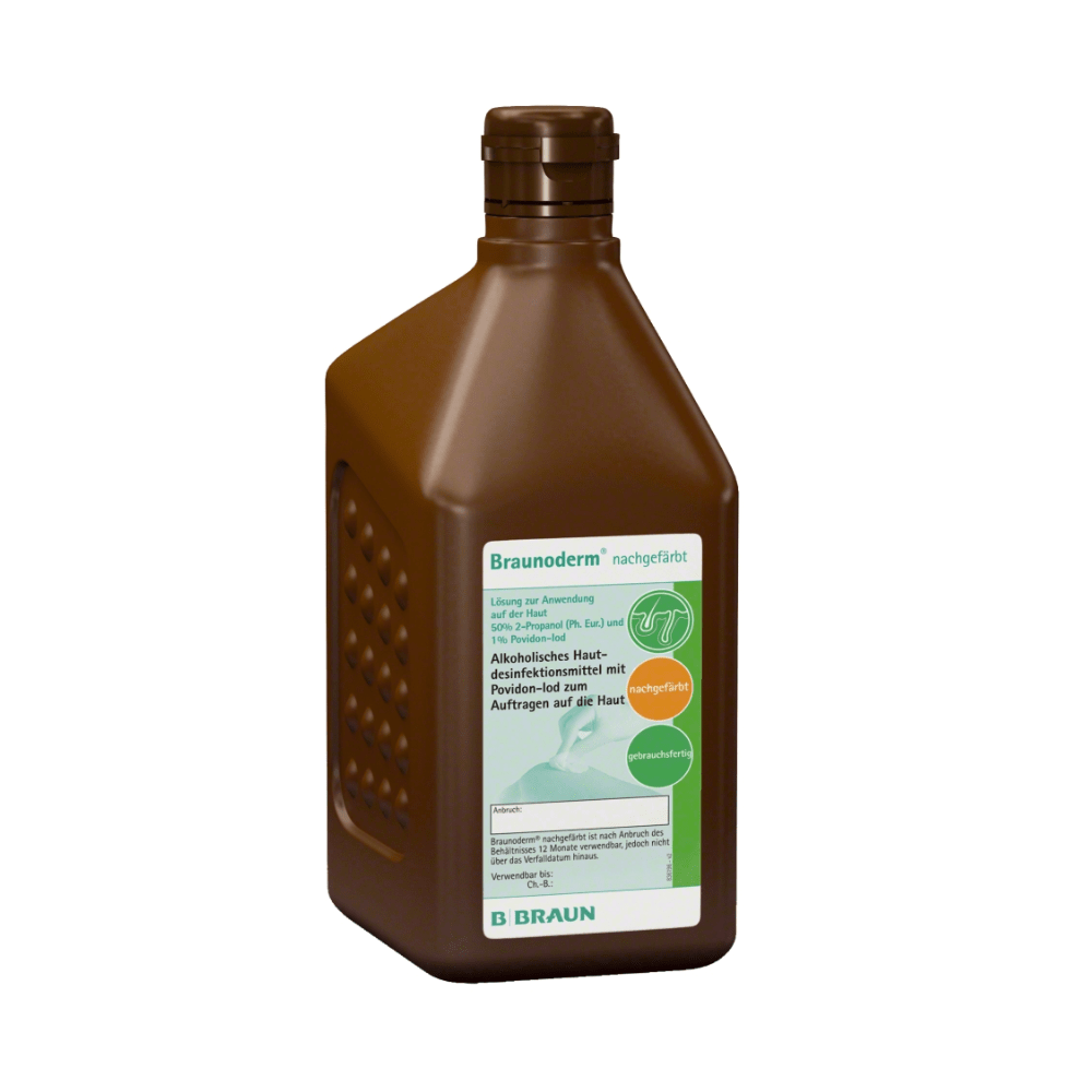 A 1000 ml brown bottle with a flat cap and the label “Braunoderm® Skin Disinfectant” contains a PVP-iodine skin disinfectant solution from B. Braun Deutschland GmbH & Co. KG.