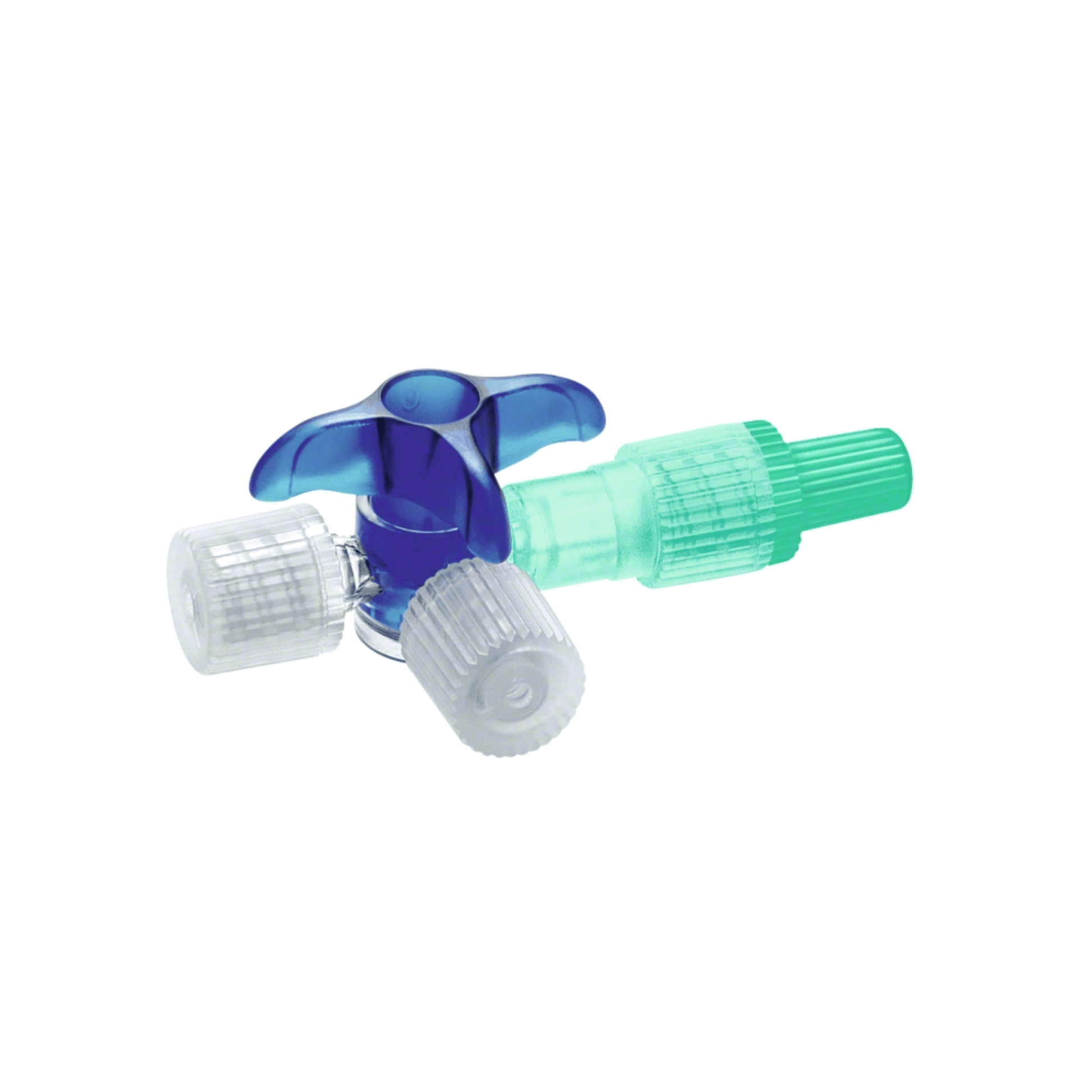 The B. Braun Discofix® C three-way stopcock from B. Braun Deutschland GmbH & Co. KG is a blue medical three-way stopcock with a clear inlet and a green outlet, designed for precise fluid management in the medical and laboratory fields, making it ideal for infusion therapy.