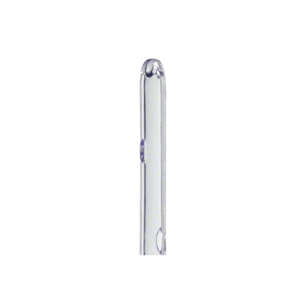 Close-up of a product by B. Braun Deutschland GmbH & Co. KG, specifically the B. Braun Nelaton single-use catheter for men, which consists of a clear, cylindrical glass tube with rounded ends and small circular openings along its length. The tube appears to be empty and is set against a plain white background. It is delivered as a single-unit package.