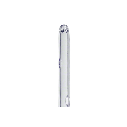 Close-up of a product by B. Braun Deutschland GmbH & Co. KG, specifically the B. Braun Nelaton single-use catheter for men, which consists of a clear, cylindrical glass tube with rounded ends and small circular openings along its length. The tube appears to be empty and is set against a plain white background. It is delivered as a single-unit package.