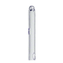 Close-up of a transparent glass thermometer focusing on the upper part, reminiscent of the rounded design of the B. Braun single-use catheter for men with a closed Nelaton tip, 40 cm, manufactured by B. Braun Deutschland GmbH & Co. KG for gentle procedures. The plain white background emphasizes the delicate craftsmanship.