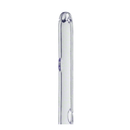Close-up of a transparent glass thermometer focusing on the upper part, reminiscent of the rounded design of the B. Braun single-use catheter for men with a closed Nelaton tip, 40 cm, manufactured by B. Braun Deutschland GmbH & Co. KG for gentle procedures. The plain white background emphasizes the delicate craftsmanship.