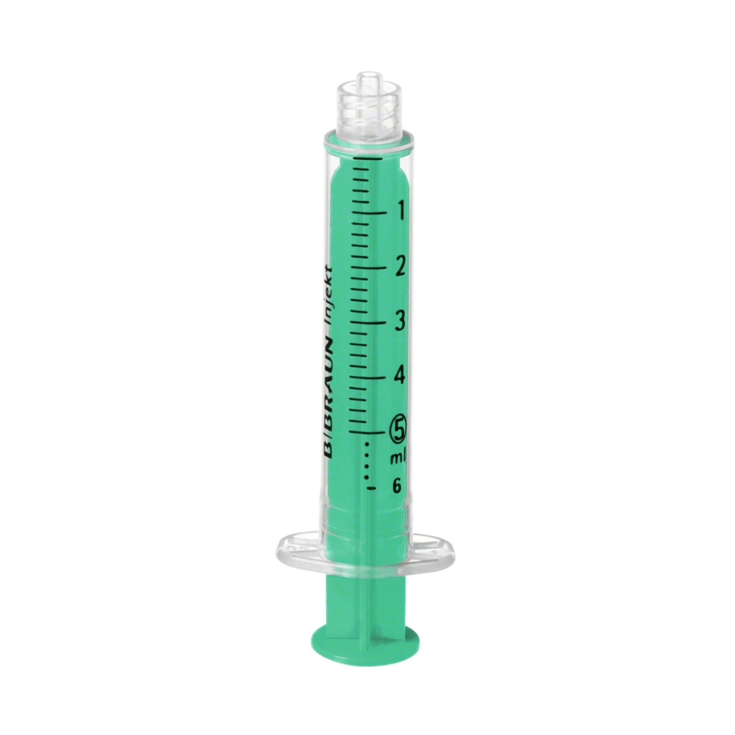 The B. Braun Injekt® Luer Lock Solo by B. Braun Deutschland GmbH & Co. KG is a 5-ml oral syringe with measurement markings and a transparent plastic tip, designed for precise liquid dosing. It is equipped with a Luer lock to ensure secure connections and stability in an upright position.