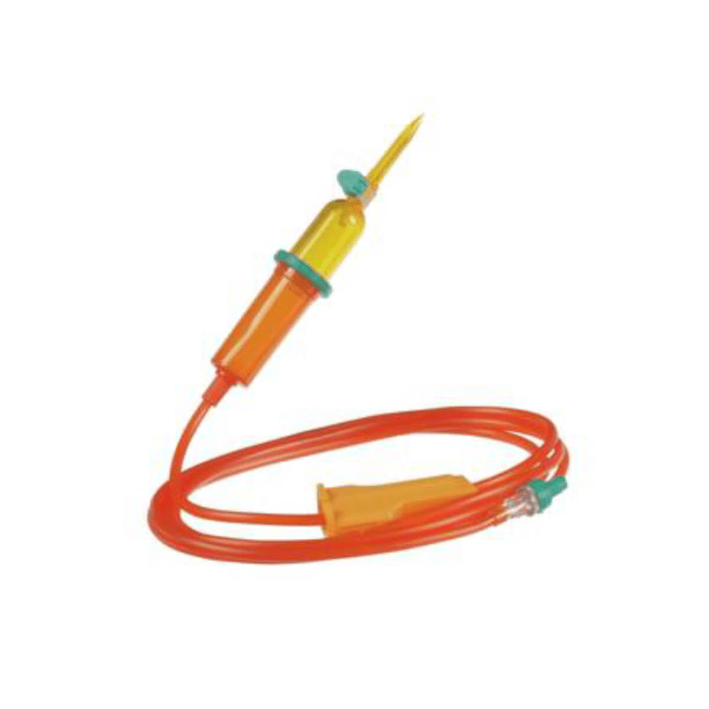 The B.Braun Intrafix® SafeSet UV Protect Premium Infusion Device by B. Braun Deutschland GmbH & Co. KG is an orange infusion set featuring a transparent chamber and needle connected by a flexible orange tube. It is perfect for pressure or gravity infusions and is equipped with a flow regulator and a green cap at one end.