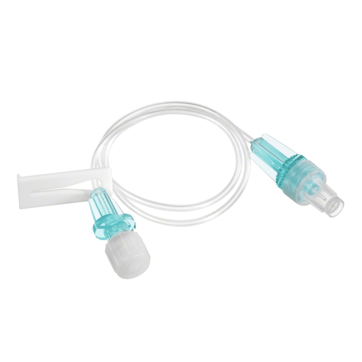 The image shows the B. Braun low-volume extension line for infusions, a 30 cm long transparent medical IV extension set from B. Braun Deutschland GmbH & Co. KG, with a white L-shaped clip and a blue Luer-lock connector. It was designed with safety in mind, features locking mechanisms at each end, and is free from latex and DEHP to meet the standards for low-volume extension lines.