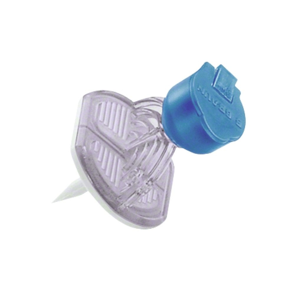 Highlighted is a compact medical device made of plastic from B. Braun Deutschland GmbH & Co. KG with a transparent heart-shaped base and a blue cap with an arrow-shaped extension underneath. The B.Braun Mini-Spike® Filter with Valve | 1 piece is artfully placed against a simple white background.
