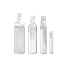 Four transparent B. Braun NaCl 0.9% Ecolav® Topical Rinse Solution bottles, manufactured by B. Braun Deutschland GmbH & Co. KG, are arranged in a row from largest to smallest. Each bottle is designed for a 0.9% NaCl solution and features a sealed, flat cap with a minimalist design without visible labels or markings.