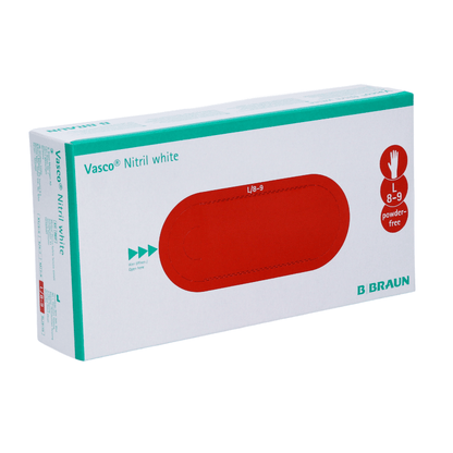 Box with white B. Braun Vasco® nitrile disposable gloves from B. Braun Deutschland GmbH & Co. KG, size 8-9. The packaging features a red oval design with a hand symbol in the corner, indicating latex-free, powder-free gloves.