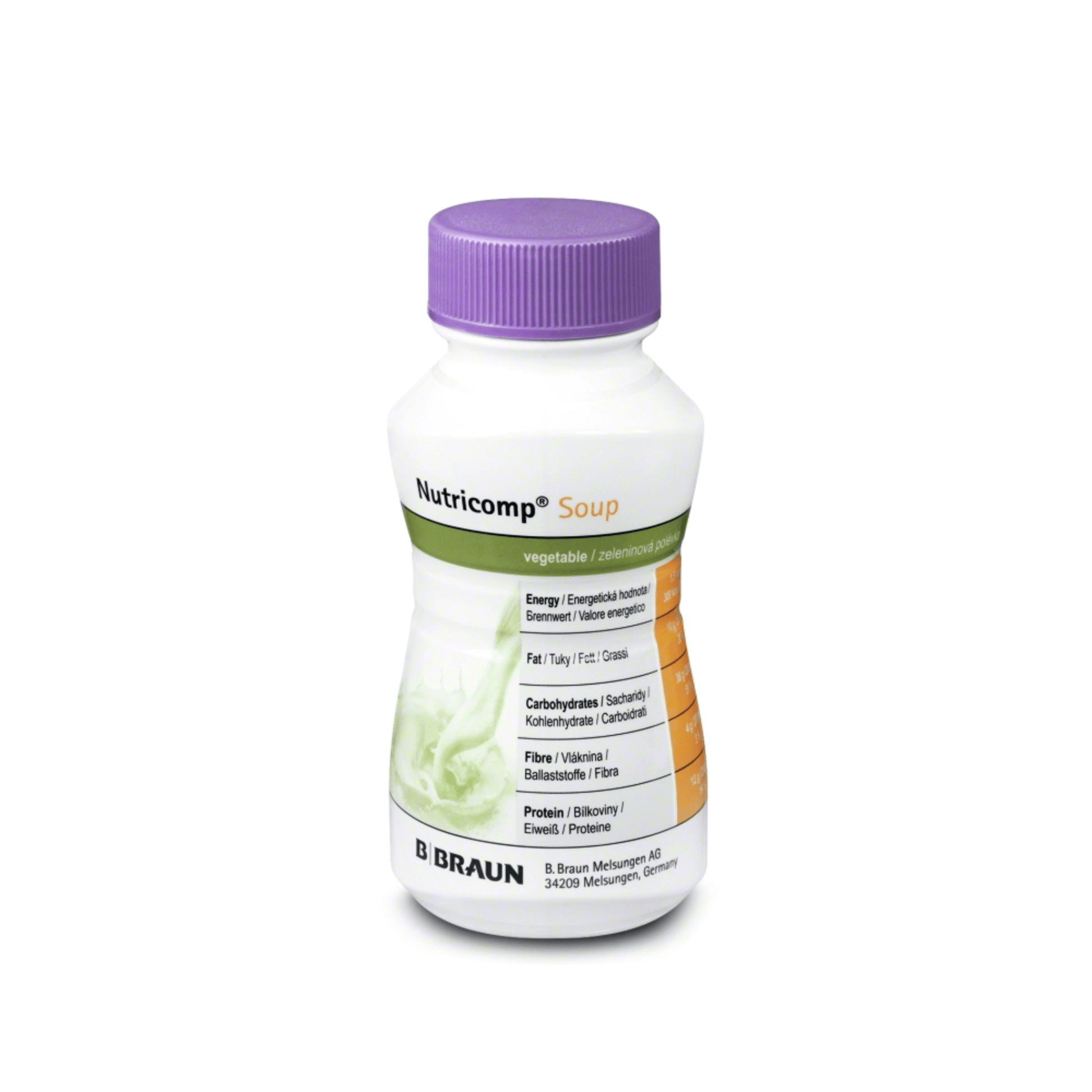 A pack of B. Braun Nutricomp® Soup, Vegetable - High-calorie drinking nutrition contains four bottles with a purple cap. Each bottle is ideal for diet management and includes a label with nutritional information such as energy, protein, fat, carbohydrates, and fiber. This high-calorie drinking nutrition is manufactured by B. Braun Deutschland GmbH & Co. KG in Melsungen.