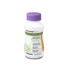 A pack of B. Braun Nutricomp® Soup, Vegetable - High-calorie drinking nutrition contains four bottles with a purple cap. Each bottle is ideal for diet management and includes a label with nutritional information such as energy, protein, fat, carbohydrates, and fiber. This high-calorie drinking nutrition is manufactured by B. Braun Deutschland GmbH & Co. KG in Melsungen.