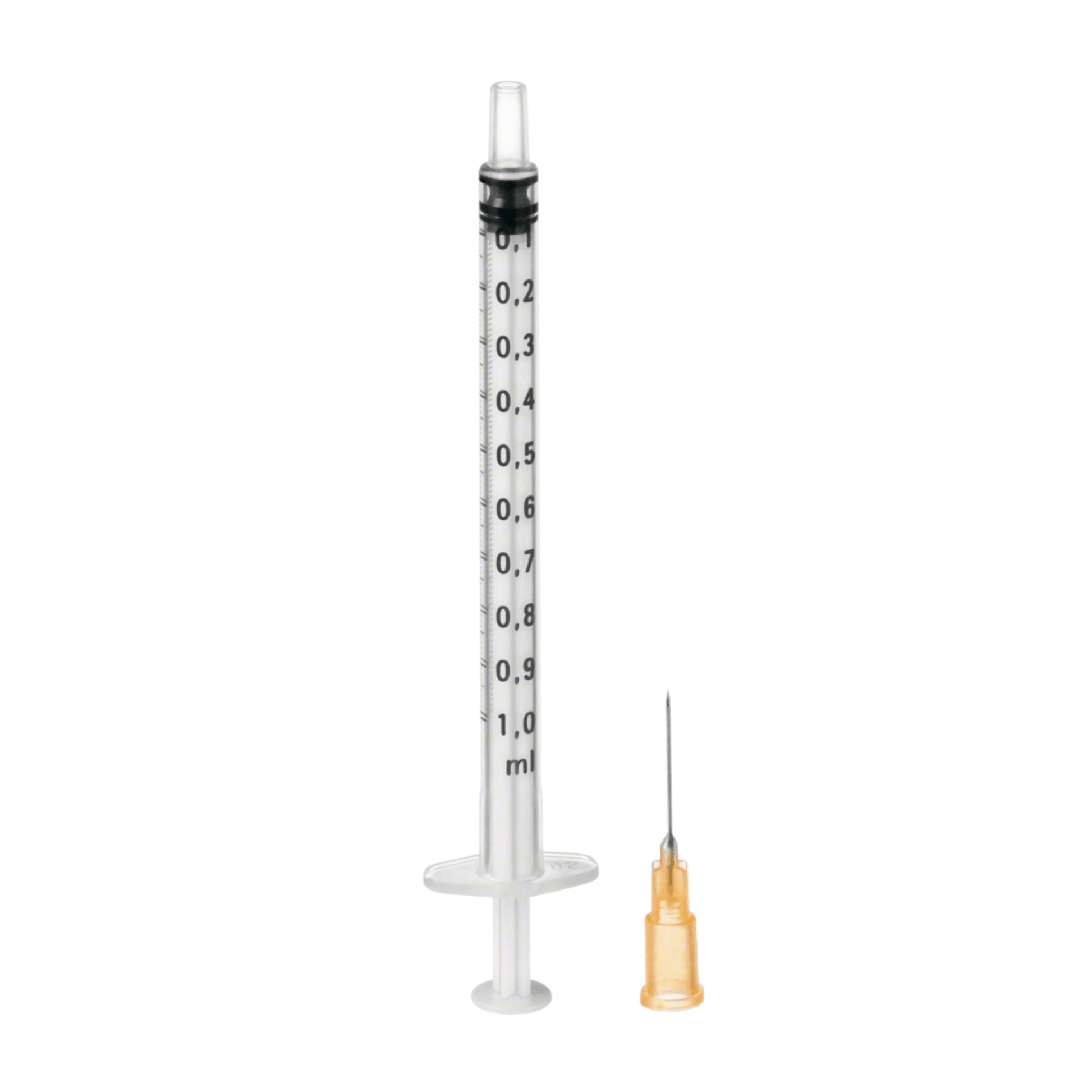 A B. Braun Omnifix®-F Duo, a three-part precision dosing syringe with a transparent barrel and milliliter markings for accurate dosing, stands upright next to the corresponding needle with an orange cap. This design by B. Braun Deutschland GmbH & Co. KG is free of latex and PVC and ensures safe and precise application.