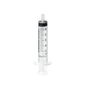 The B. Braun Omnifix® Luer Solo disposable syringe from B. Braun Deutschland GmbH & Co. KG is a transparent, latex-free plastic syringe with a capacity of 5 milliliters. It features black milliliter markings and a gray plunger, has a Luer fitting, and is sterile packaged for optimal use.
