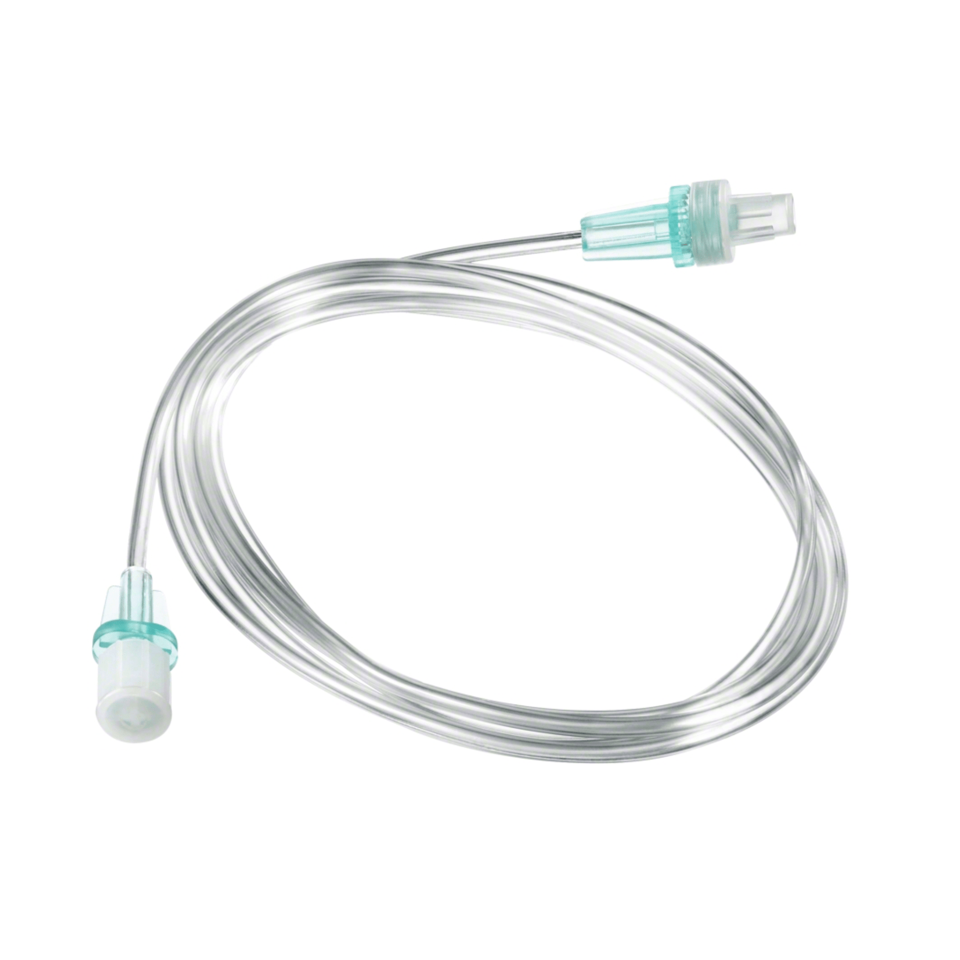 The 200 cm long B. Braun original Perfusor® line type standard is neatly arranged in a loop on the white surface below and features a transparent medical tube with blue connectors at each end. It is likely used for infusion therapy or fluid transfer and comes from B. Braun Deutschland GmbH & Co. KG.