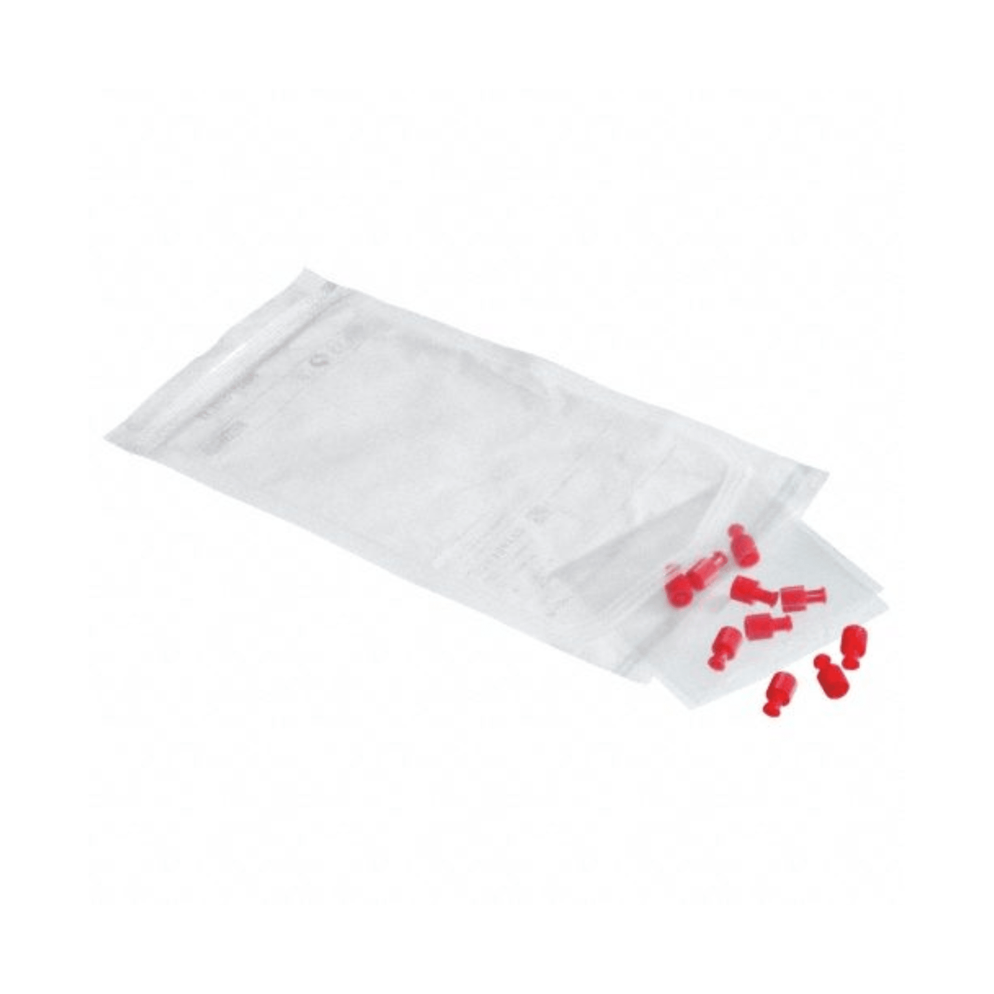In an open, transparent plastic bag labeled “sterilized packaging”, small red B. Braun ProSet Combi-Stoppers are scattered on a white surface, each an offering from B. Braun Deutschland GmbH & Co. KG.