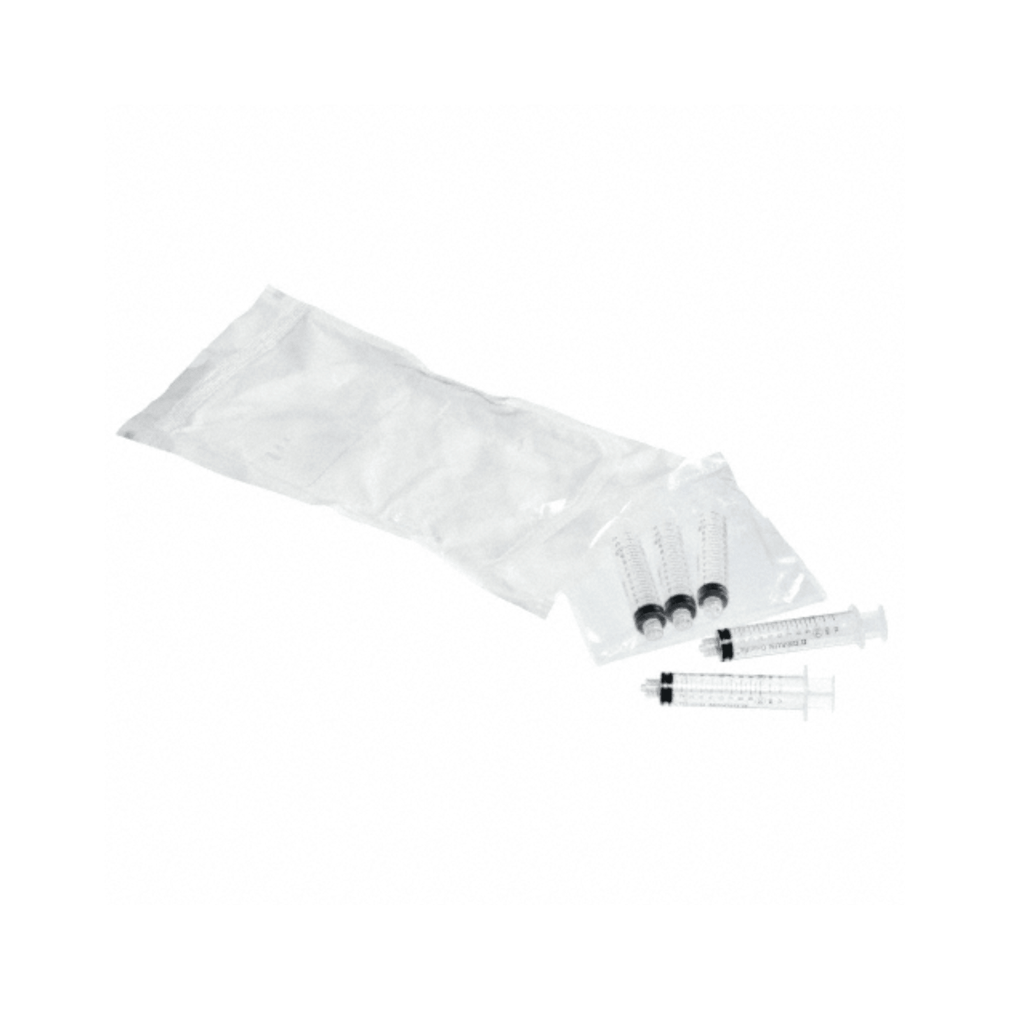 Three B. Braun ProSet Omnifix® syringes with a black plunger are partially removed from a transparent package. Next to them, on a white surface, is an empty white plastic bag reminiscent of the collective packaging of B. Braun Deutschland GmbH & Co. KG.
