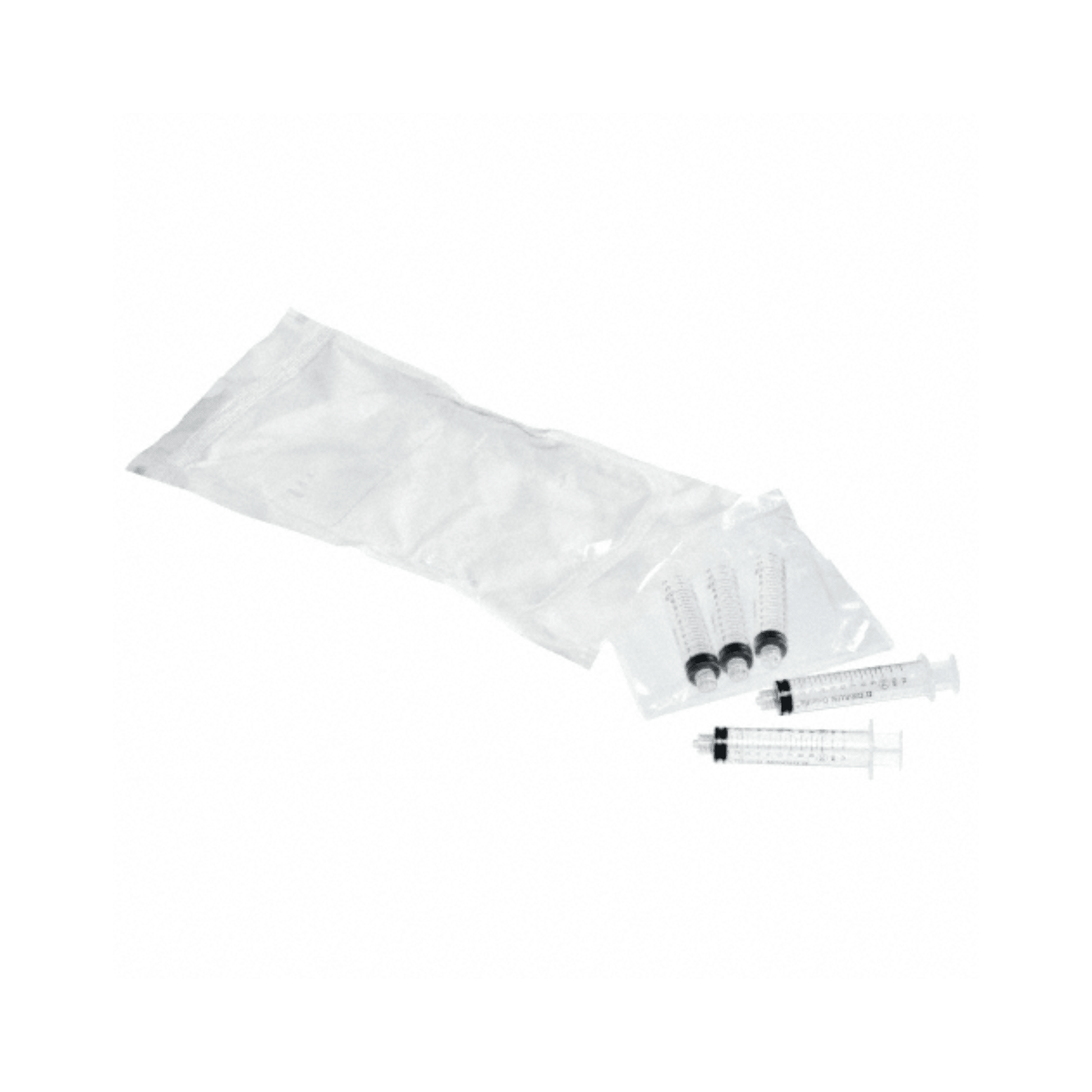 Three B. Braun ProSet Omnifix® syringes with a black plunger are partially removed from a transparent package. Next to them, on a white surface, is an empty white plastic bag reminiscent of the collective packaging of B. Braun Deutschland GmbH & Co. KG.