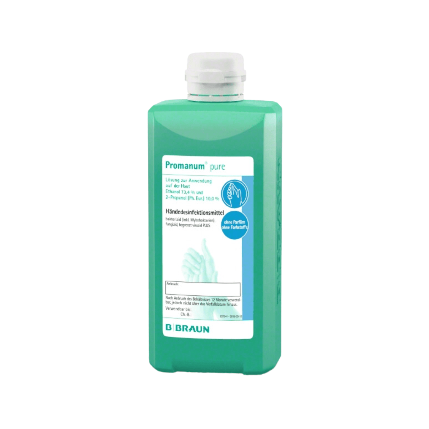 The B. Braun Promanum® pure hand disinfectant from B. Braun Deutschland GmbH & Co. KG is a green 500 ml bottle with skin-friendly, alcohol-based hand disinfectant with a label containing product details and an illustration of hands, as well as a white cap.