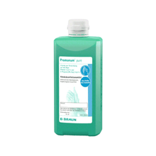 The B. Braun Promanum® pure hand disinfectant from B. Braun Deutschland GmbH & Co. KG is a green 500 ml bottle with skin-friendly, alcohol-based hand disinfectant with a label containing product details and an illustration of hands, as well as a white cap.