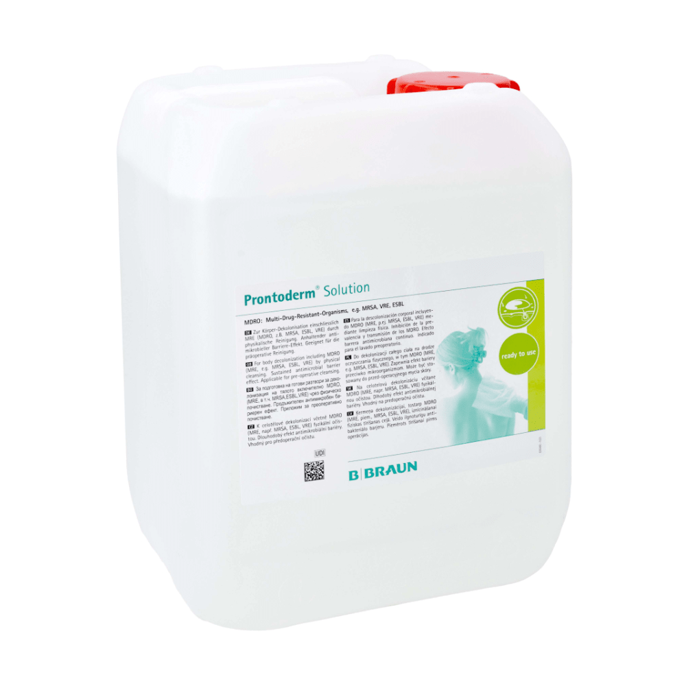 A spacious white container with a carrying handle, containing 'B.Braun Prontoderm® solution for MRE decolonization of skin and mucous membranes' by B. Braun Deutschland GmbH & Co. KG, ensures excellent skin compatibility. The label includes a small text and a green logo as well as an image of a person. The container, specially designed for MRE decolonization, is securely closed with a red cap.