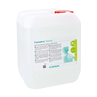 A spacious white container with a carrying handle, containing 'B.Braun Prontoderm® solution for MRE decolonization of skin and mucous membranes' by B. Braun Deutschland GmbH & Co. KG, ensures excellent skin compatibility. The label includes a small text and a green logo as well as an image of a person. The container, specially designed for MRE decolonization, is securely closed with a red cap.