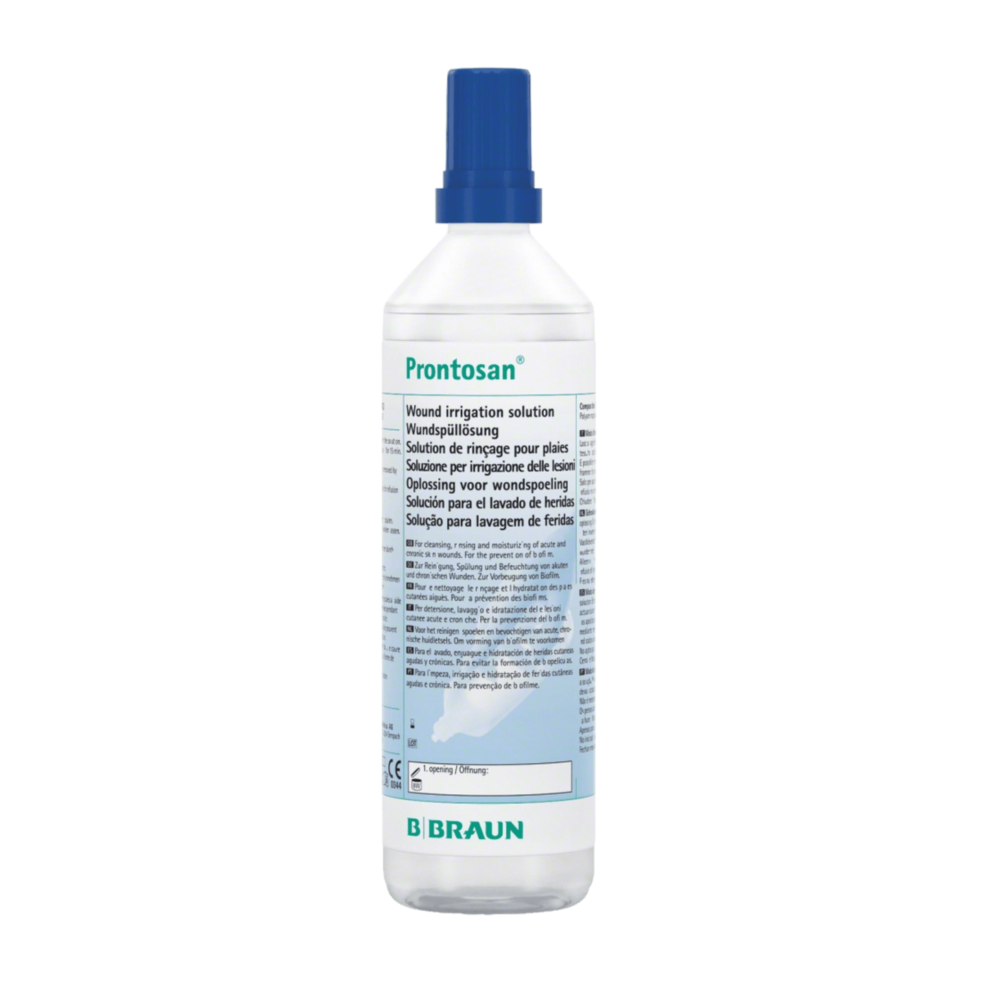 A bottle of B. Braun Prontosan® wound irrigation solution with a blue cap features a white label with multilingual text containing product information and wound healing instructions. The logo of B. Braun Deutschland GmbH & Co. KG is clearly visible at the bottom of the label, ensuring confidence in the product's biofilm management capabilities.