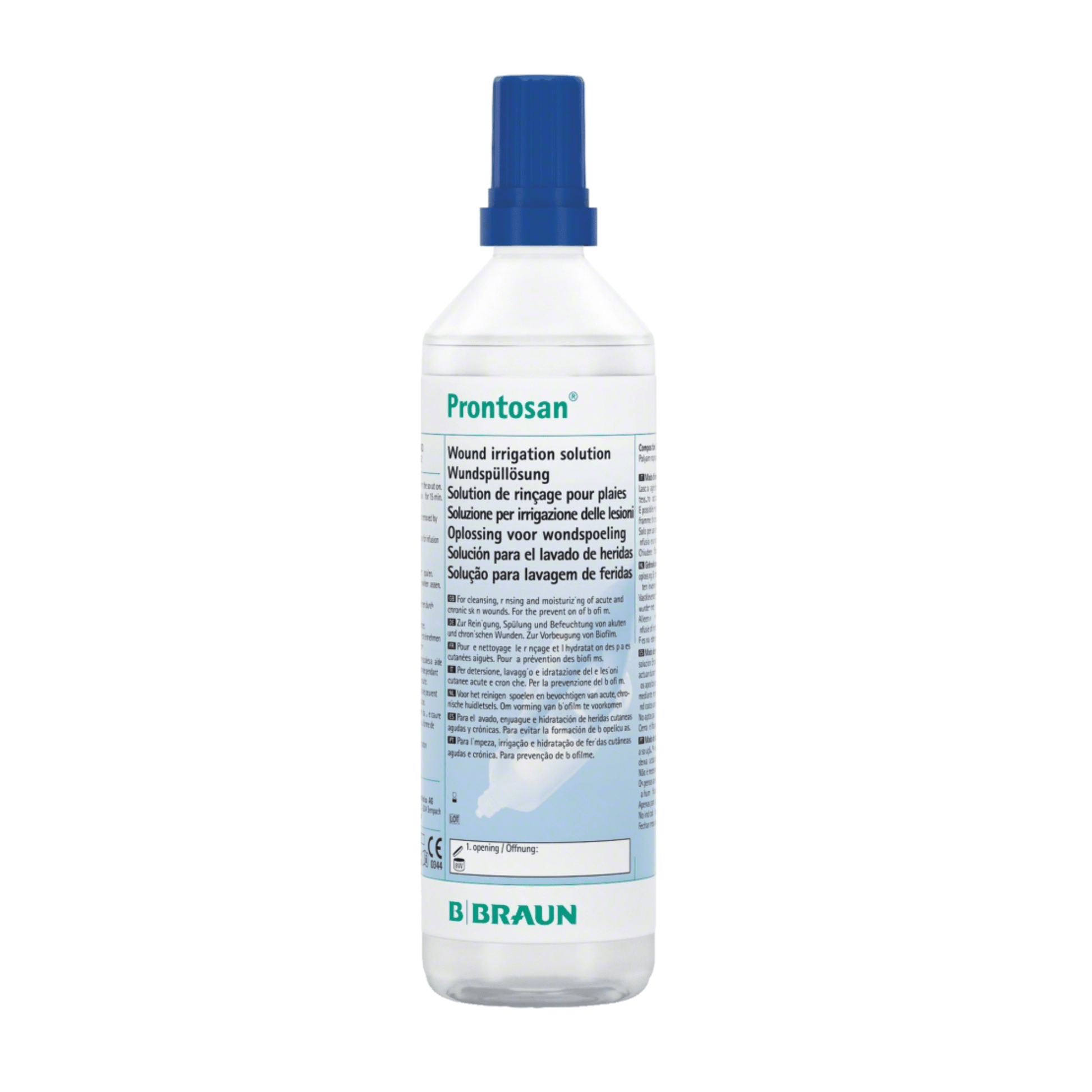 A bottle of B. Braun Prontosan® wound irrigation solution with a blue cap features a white label with multilingual text containing product information and wound healing instructions. The logo of B. Braun Deutschland GmbH & Co. KG is clearly visible at the bottom of the label, ensuring confidence in the product's biofilm management capabilities.