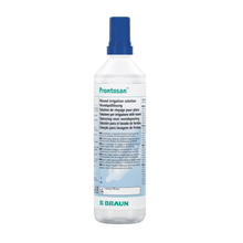 A bottle of B. Braun Prontosan® wound irrigation solution with a blue cap features a white label with multilingual text containing product information and wound healing instructions. The logo of B. Braun Deutschland GmbH & Co. KG is clearly visible at the bottom of the label, ensuring confidence in the product's biofilm management capabilities.