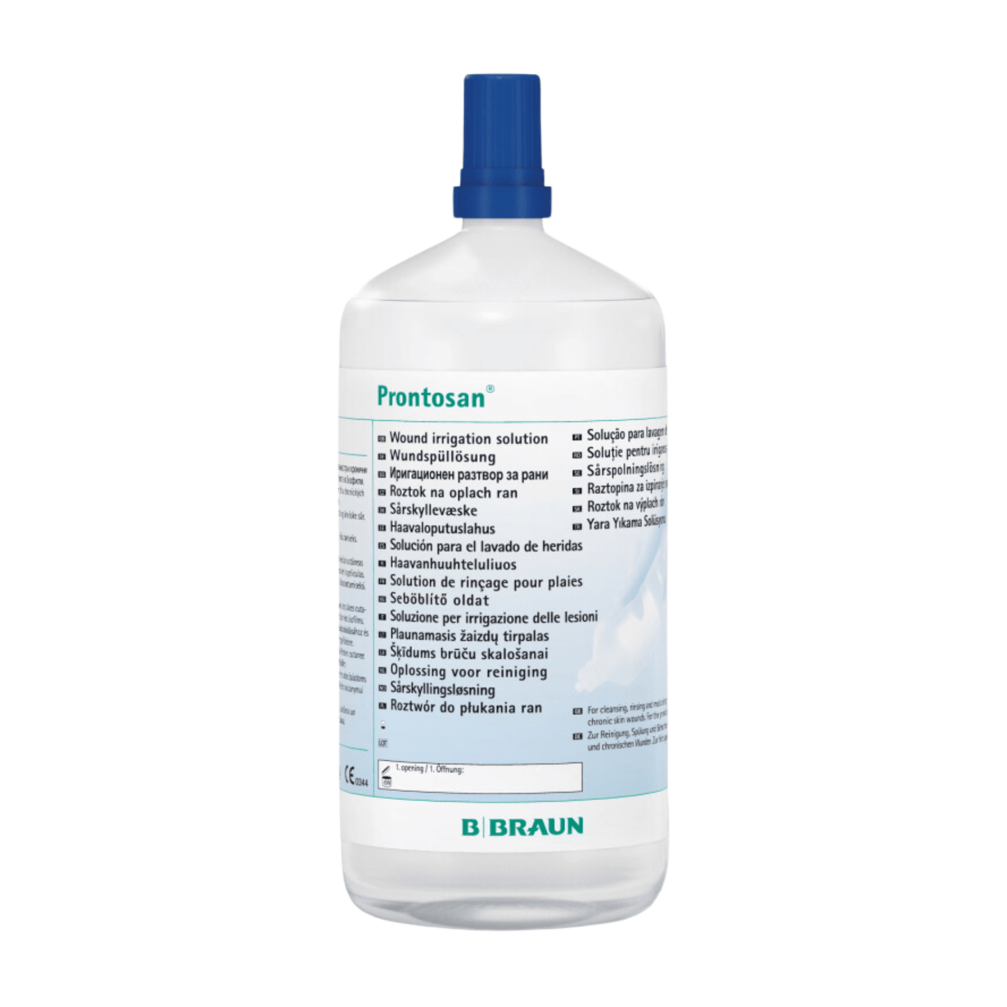 The B. Braun Prontosan® wound irrigation solution is a large, transparent plastic bottle with a blue cap, intended to support effective wound healing. The label contains instructions and details in multiple languages, while the brand B. Braun Deutschland GmbH & Co. KG is clearly visible at the bottom.