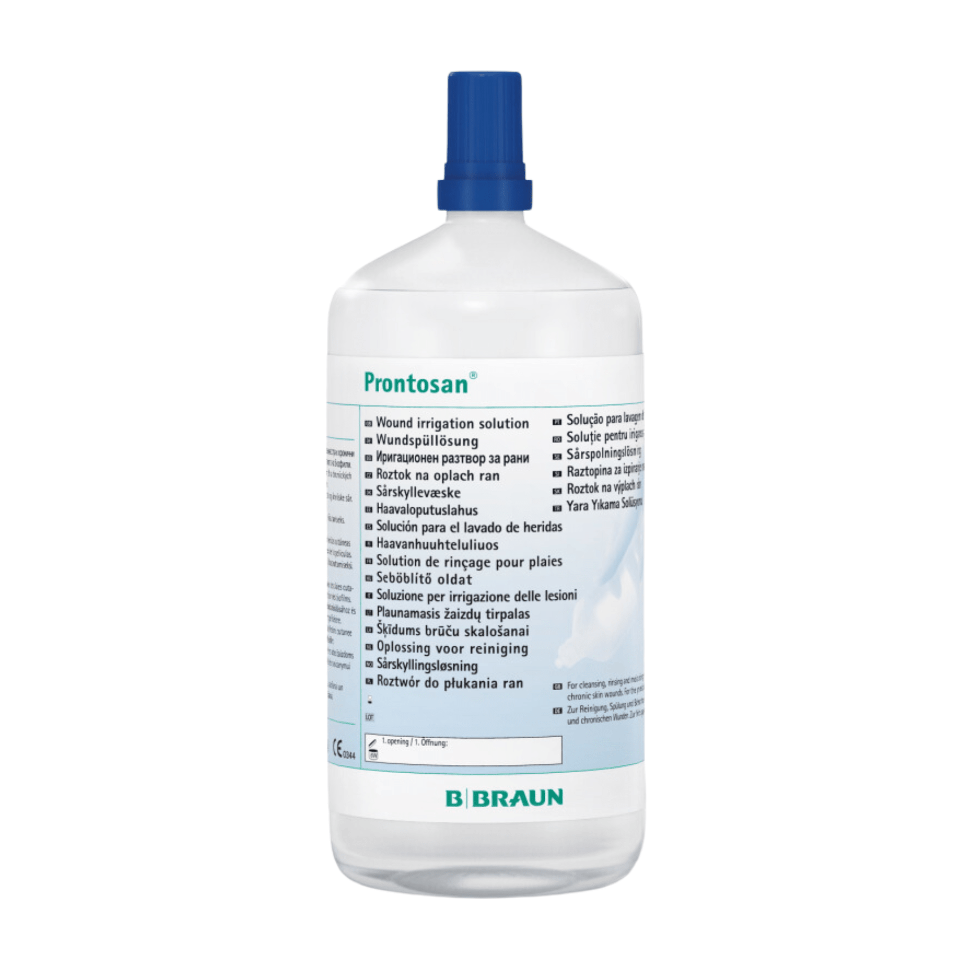 The B. Braun Prontosan® wound irrigation solution is a large, transparent plastic bottle with a blue cap, intended to support effective wound healing. The label contains instructions and details in multiple languages, while the brand B. Braun Deutschland GmbH & Co. KG is clearly visible at the bottom.