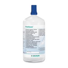 The B. Braun Prontosan® wound irrigation solution is a large, transparent plastic bottle with a blue cap, intended to support effective wound healing. The label contains instructions and details in multiple languages, while the brand B. Braun Deutschland GmbH & Co. KG is clearly visible at the bottom.