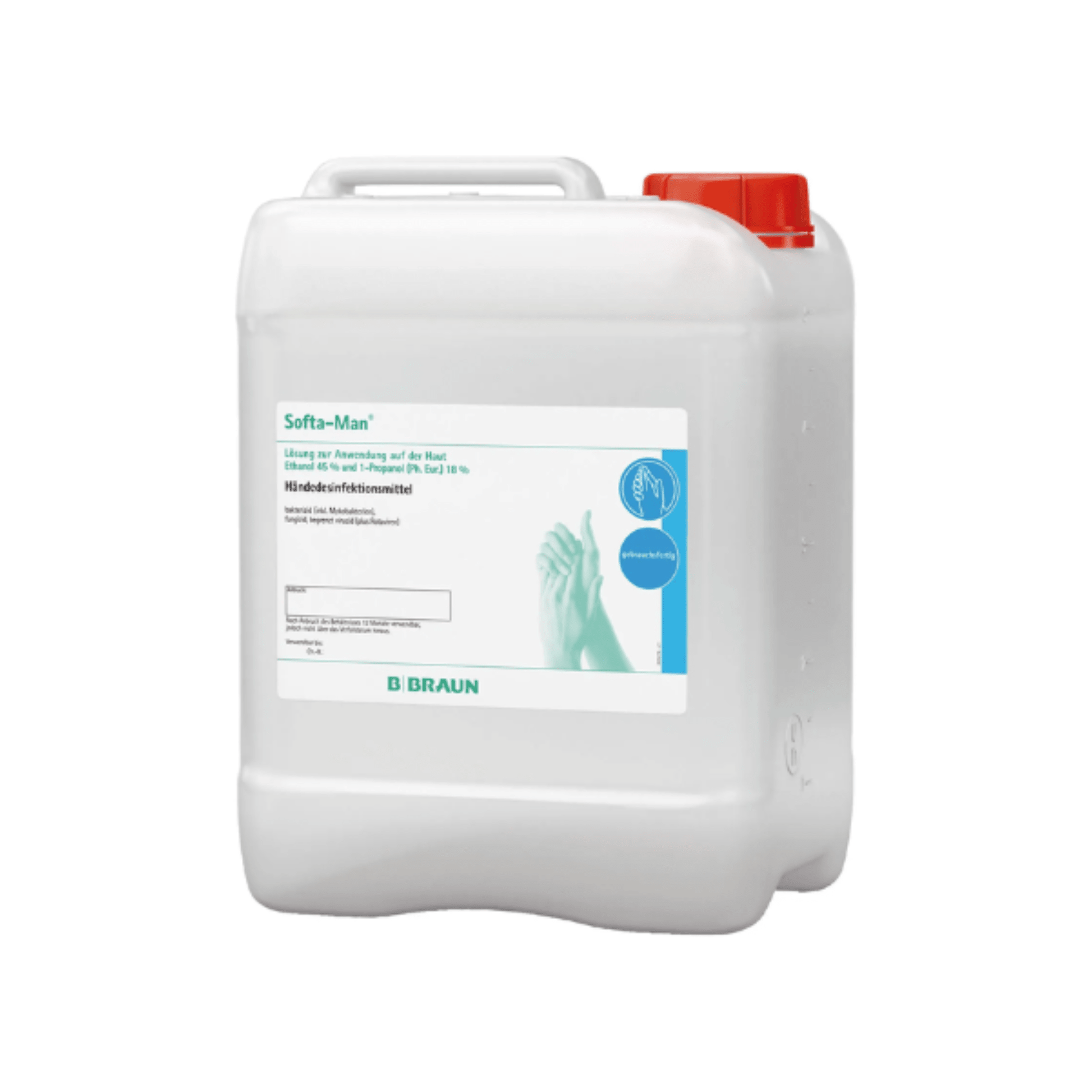 A white plastic container with a red lid bears the label “B. Braun Softa-Man® ViscoRub hand disinfection and care”, a product of B. Braun Deutschland GmbH & Co. KG. It features hygiene graphics and German text indicating virus effectiveness and is intended to ensure effective hand hygiene.