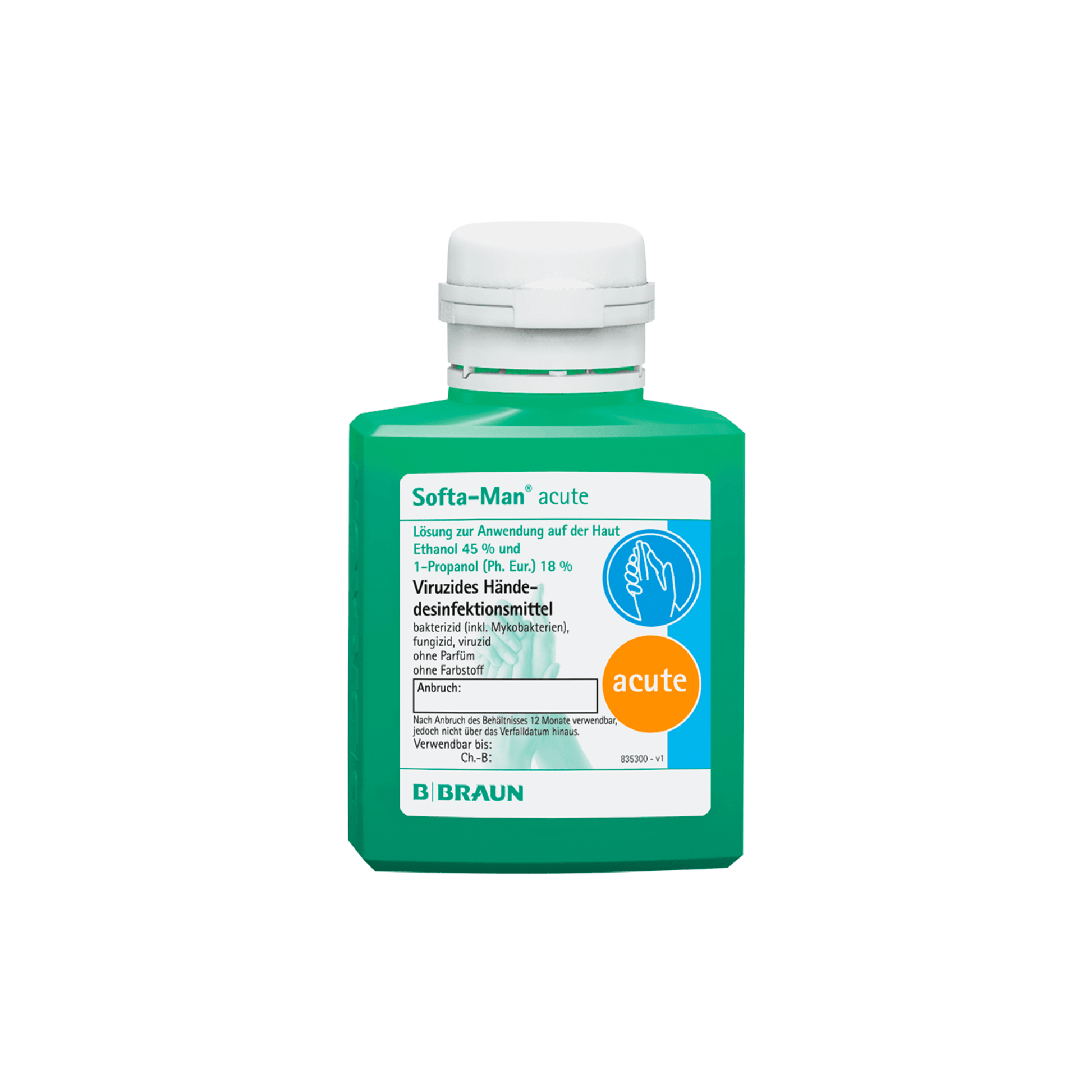 A green bottle of B. Braun Softa-Man® acute hand disinfectant, tailored for the medical field, was designed by B. Braun Deutschland GmbH & Co. KG. The label includes product details, a logo, and a pictorial guide. It is equipped with a white cap and is presented on a plain white background.