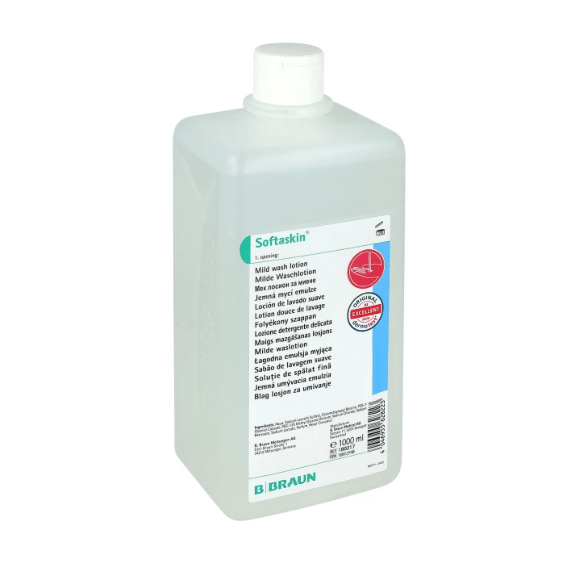 The rectangular, environmentally friendly white bottle B. Braun Softaskin® Wash Lotion from B. Braun Deutschland GmbH & Co. KG shows text in several languages on the front label and features a twist cap. It contains 1000 ml of mild wash lotion, emphasizing its commitment to microplastic-free products for an environmentally conscious choice.