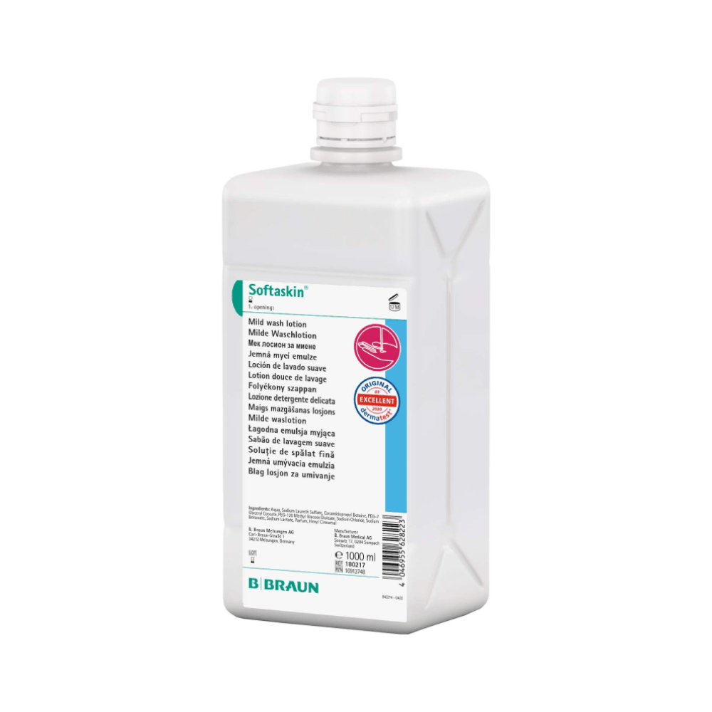 The 1000 ml bottle "B. Braun Softaskin® Wash Lotion" is white with a multilingual label indicating the gentle and environmentally friendly formula. It has a screw cap and bears the inscription "B. Braun Deutschland GmbH & Co. KG" on the bottom. This makes it an excellent choice for users who value microplastic-free products.